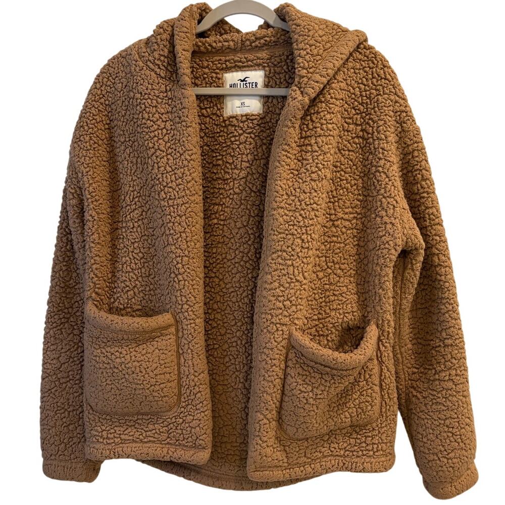 Hollister Size XS Tan Teddy Sherpa Jacket Open Front Hood Pockets